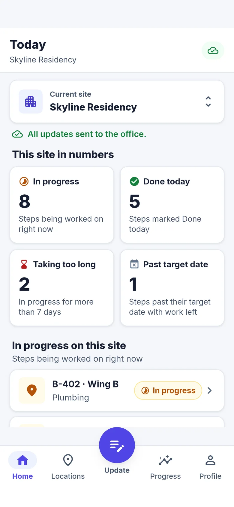 App home: this site in numbers, then steps in progress