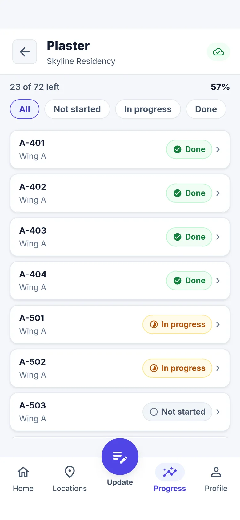 App step screen for Plaster: 23 of 72 flats left, each flat with its status